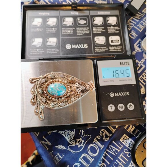 Vtg Large 925 Sterling Silver Filigree Pendant w/Blue Stone & Dangles - Picture 9 of 9